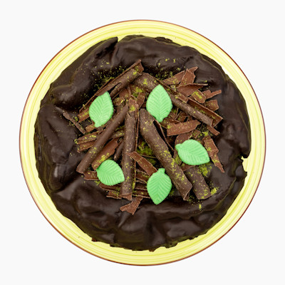 Čokodort Máta z pohledu shora, zdobený lyofilizovanou mátou a zelenými lístky z bílé čokolády